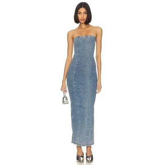 chinese dress ladies Good American Women's Denim Tube Midi Dress, Indigo594, Blue, L at Amazon  Women's Clothing store